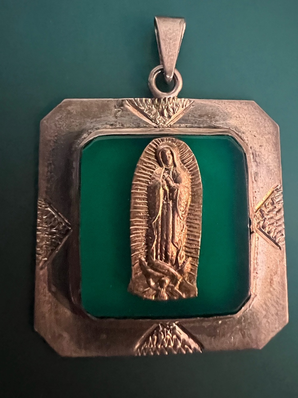 Mexico 925 Sterling Silver Green Virgen de Guadalupe Pendant